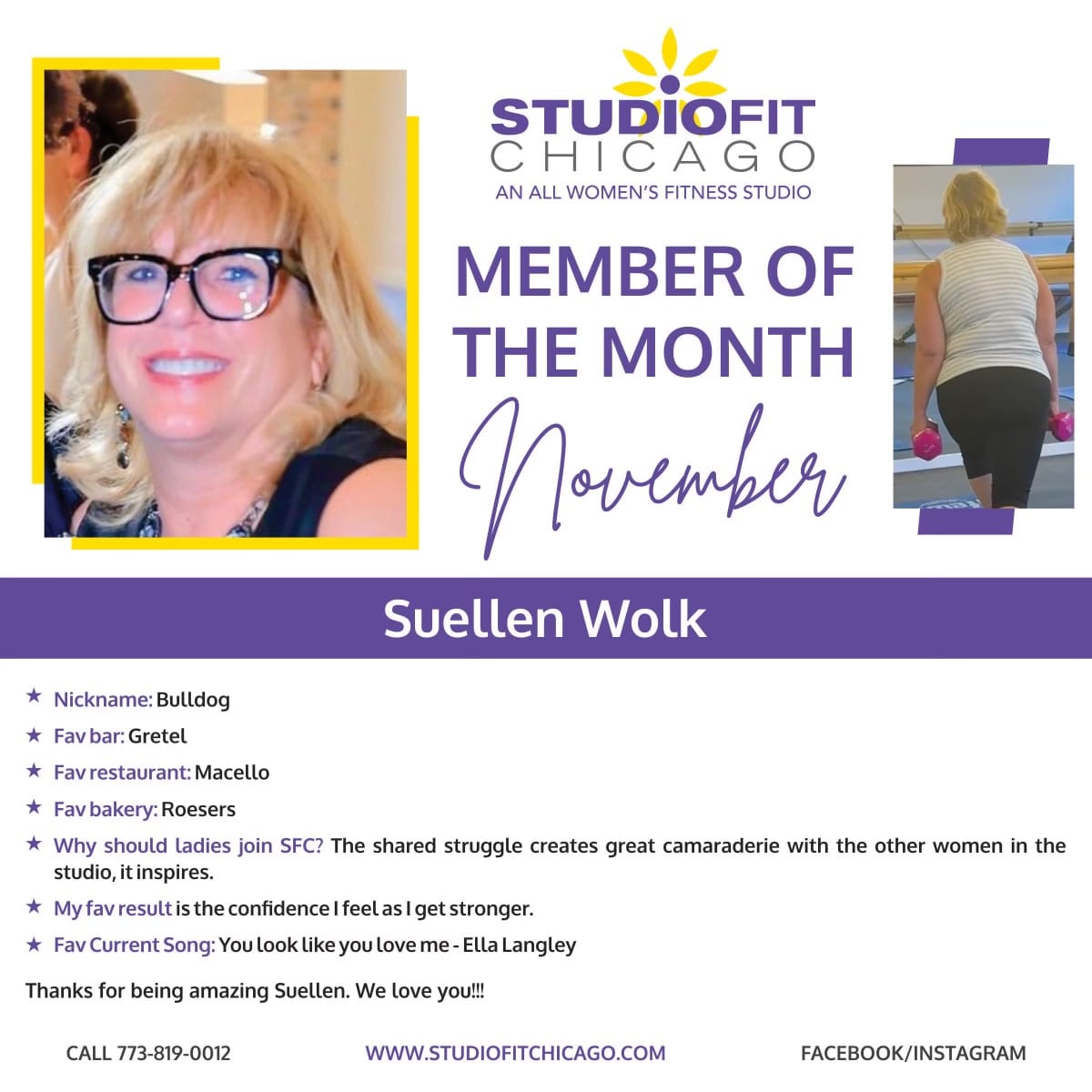 Suellen Wolk is Studio Fit Chicago's Member of the Month for November