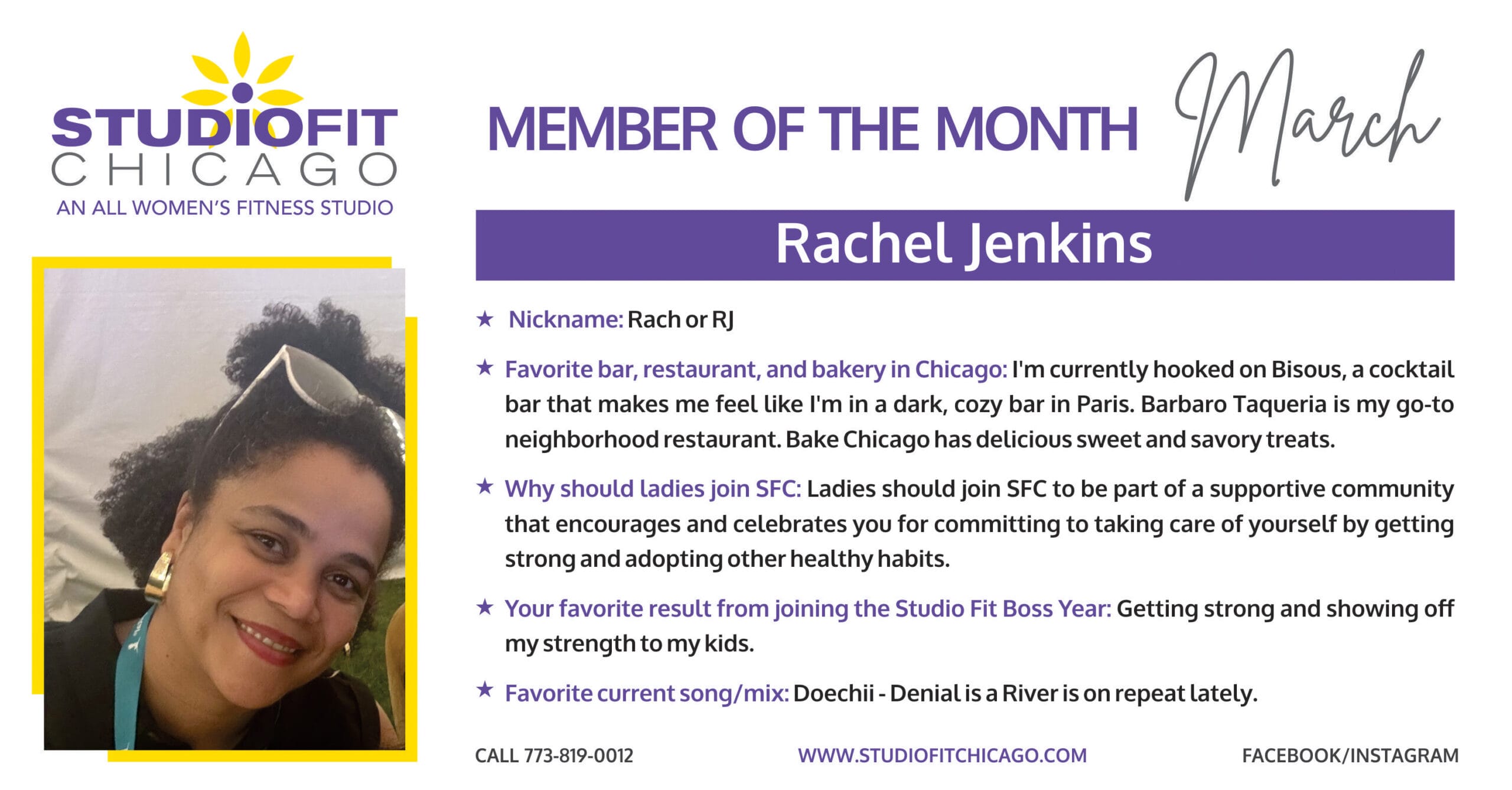 Studio Fit Chicago's March Member of the Month, Rachel Jenkins