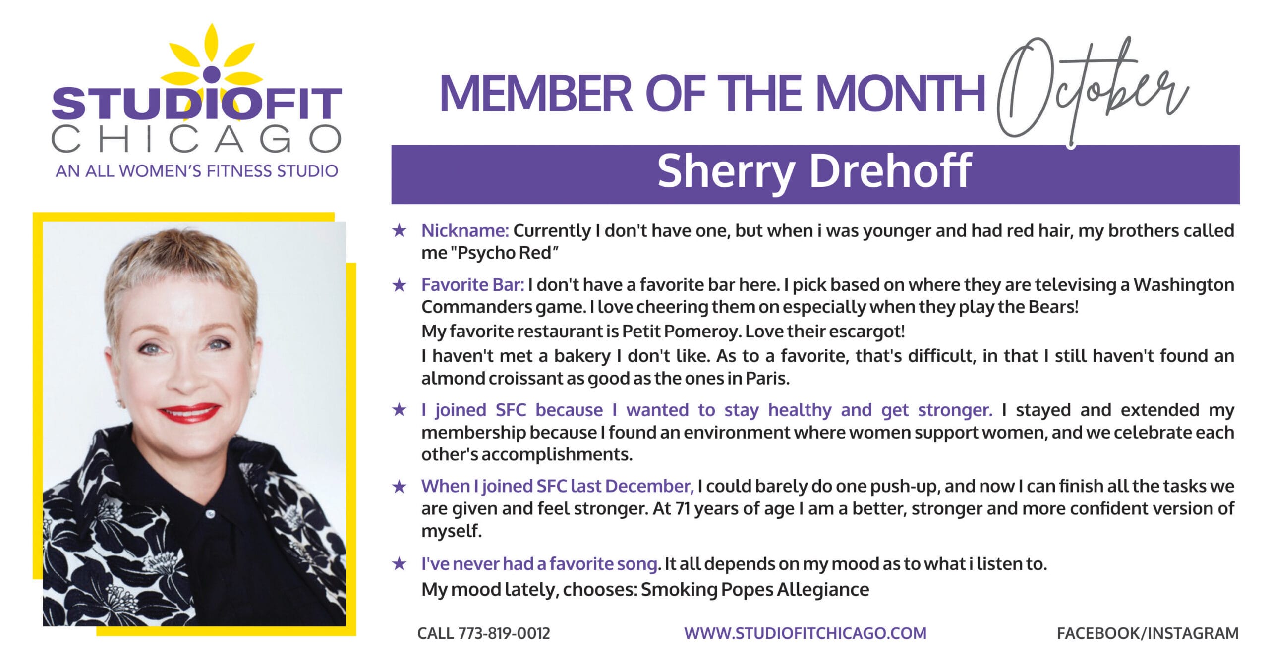 Studio Fit Chicago’s October Member Of The Month Is Sherry Drehoff.