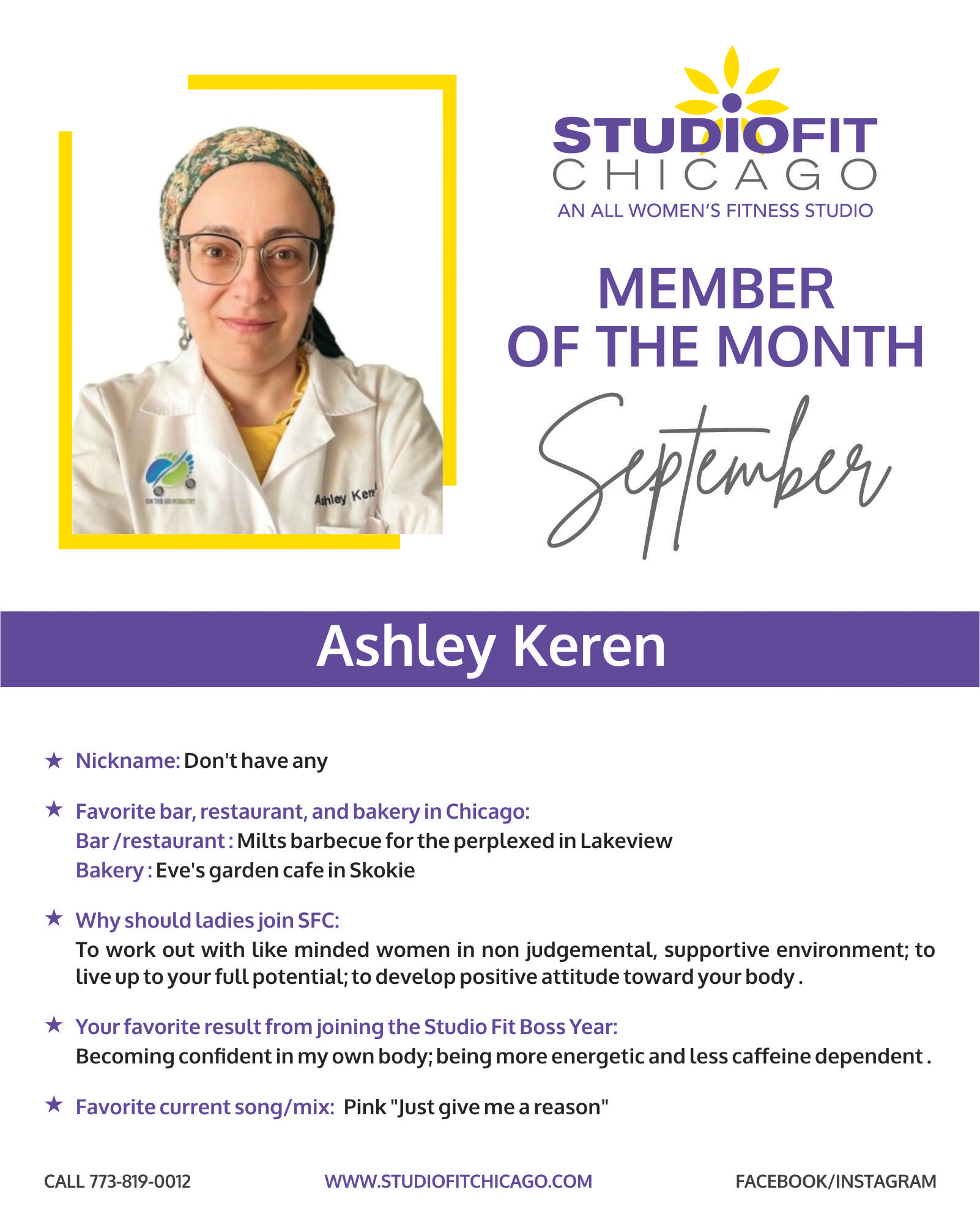 Studio Fit Chicago - September Member Of The Month: Ashley Keren September Member Of The Month Ashley Keren